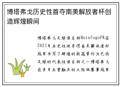 博塔弗戈历史性首夺南美解放者杯创造辉煌瞬间 博塔弗戈历史性首夺南美解放者杯创造辉煌瞬间
