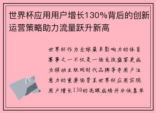 世界杯应用用户增长130%背后的创新运营策略助力流量跃升新高 世界杯应用用户增长130%背后的创新运营策略助力流量跃升新高